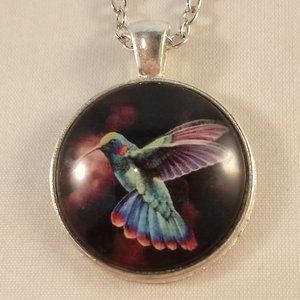 Silver Mystical Hummingbird Cabochon Pendant Chain Necklace Gift